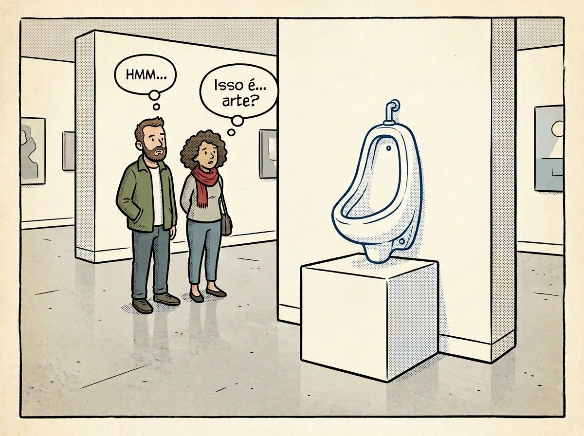 Art museum visitors questioning exhibit Two people in a gallery looking at a urinal on a pedestal labeled 'Font'